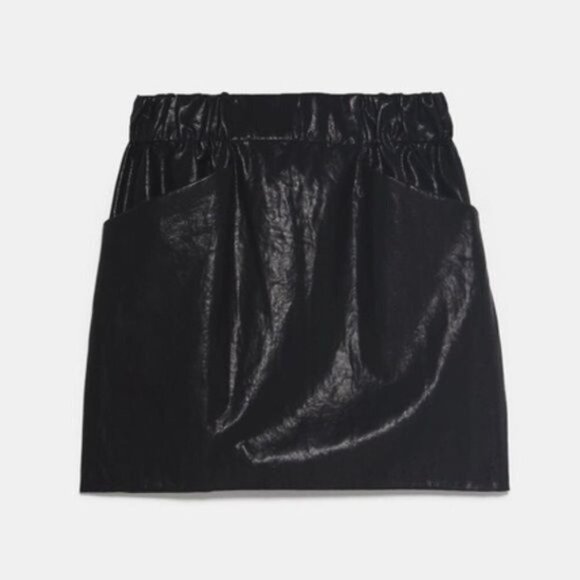 Zara Black Faux Leather High Rise Paperbag Mini Skirt with Pockets XS - Picture 3 of 11